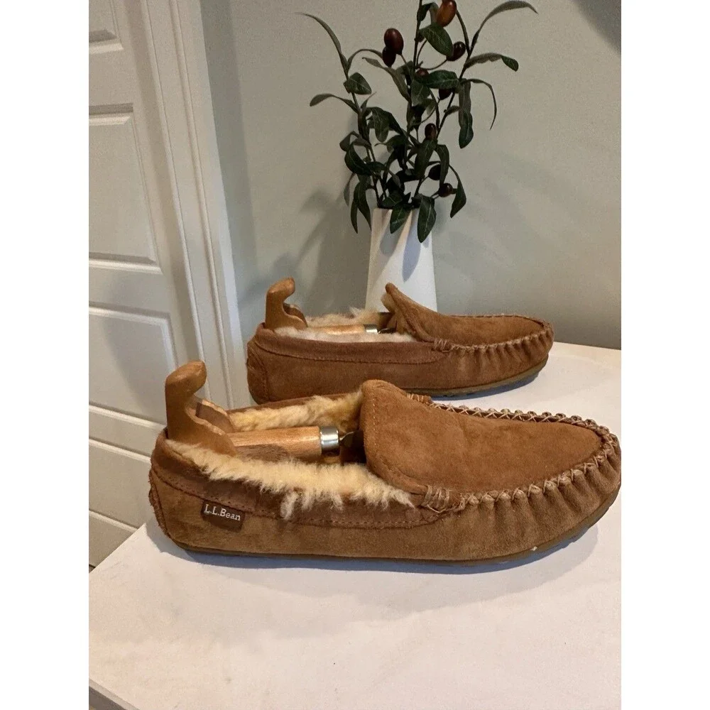 L.L.Bean Men's Wicked Good Shearling Slipper Moccasins Brown Suede Size 9 M